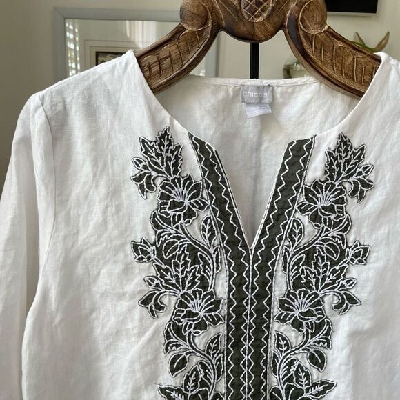 Chico’s Linen Blend Moss Green Floral Applique Tunic Top 2 12 M - Picture 1 of 7